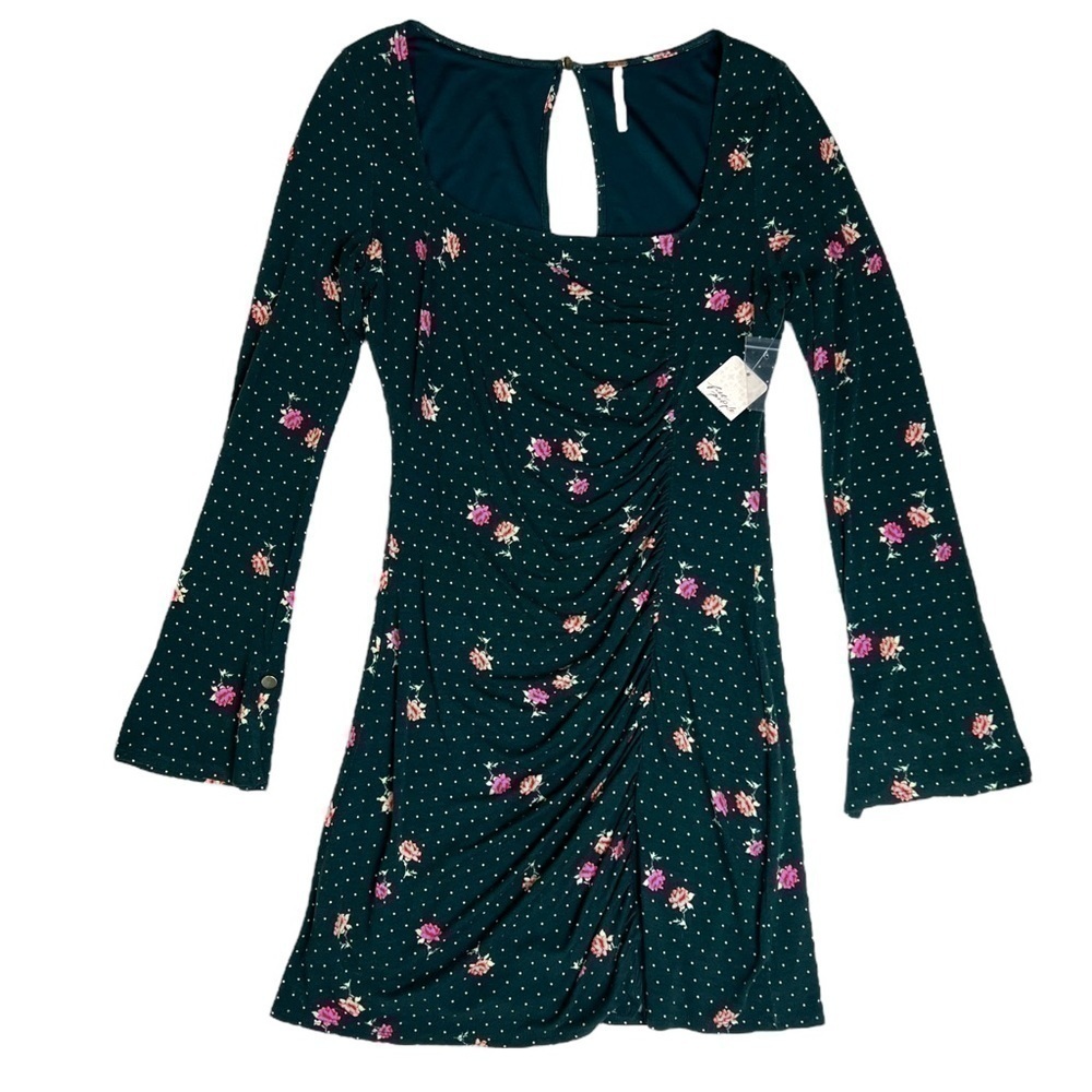 Free People Dress Celia Floral Square Neck Long Sleeve Flare Polka Dot Green